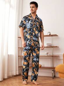 男士中国龙印花单排扣短袖上衣和裤子睡衣套装 - 彩色 - 查看 4