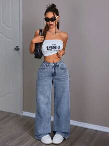 SHEIN EZwear 女士口袋宽松阔腿休闲牛仔裤