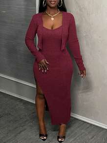 Slaydiva 两件套女士休闲开衩罗纹纯色吊带中长连衣裙和长袖开襟上衣 - 酒紅色 - 查看 4