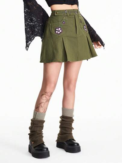Fairycore Women Floral Embroidery Pocket Decor Casual Skirt
