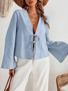 SHEIN VCAY Casual Solid Woven Flared Long Sleeve Loose Women's Blouse - Blue - View 4