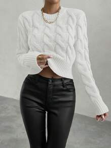 Chiquease Plain Crew Neck Long Sleeve Casual Pullover Sweater - White - View 2