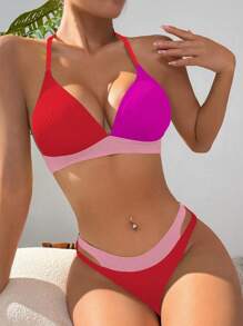 SHEIN Swim 女士夏季沙灘拼色頸掛比基尼套裝 - 紅色 - 查看 1