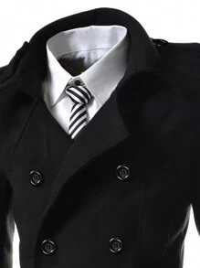 Manfinity Homme 男士单件双排扣大衣外出黑色商务休闲大衣，适合朋友、丈夫、男朋友的礼物 - 黑色 - 查看 4