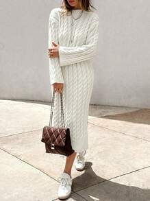 EURMUSE Women's Casual Simple Cable Knit Split Side Long Sweater Dress - White - View 4