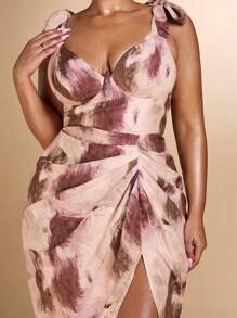 SHEIN BAE Curve Plus Size Women's Marble Print Pattern Summer Elegant  Pleated Detail Strappy Midi Dress  Suitable For Outings And Sweet Dates On Vacation - Multicolor - View 7