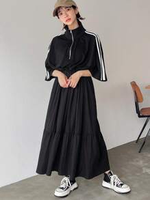 FRIFUL Đầm suông in sọc có khóa kéo phía trước cho nữ - màu đen - Xem 1