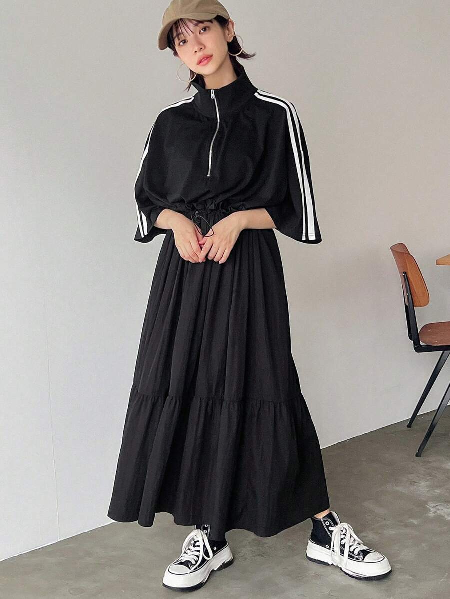 FRIFUL Đầm suông in sọc có khóa kéo phía trước cho nữ - màu đen - Xem 1