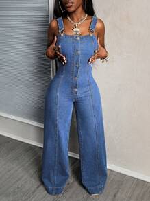 SHEIN Slayr Women's Button Front Wide Leg Casual Jumpsuit With Bib Overalls - Blue - View 8
