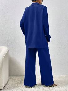EMERY ROSE LUNE Autumn New Textured Fabric Casual Drop Shoulder Hem Slit Shirt And Practical Side Pocket Wide Leg Pants Women 2 Pieces Set - Royal Blue - View 2