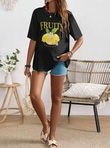 SHEIN Áo sơ mi ngắn tay in chữ cho bà bầu Loose City Holiday Lemon - màu đen - Xem 4