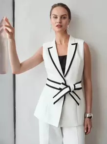 MOTF PREMIUM CONTRAST PIPING PEAK COLLAR BELTED WAISTCOAT
