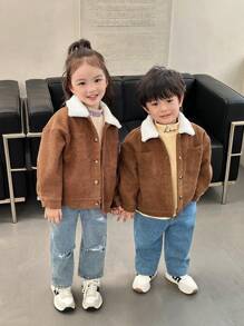 SHEIN 1pc Young Boys Casual Comfortable Fashion Simple Loose Fit Corduroy Lined Jacket, Suitable For Bomber Jacket, Varsity Jacket, Y2K Jacket, Boys Jacket, Kids Outfits, Young Boy Clothes, School Back To School Outfits, Suitable For Daily Wear, School, Travel, Sports, Autumn/Winter Season