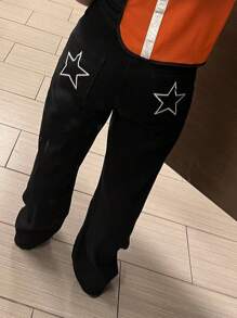 Star Print Straight Leg Jeans - Black - View 4