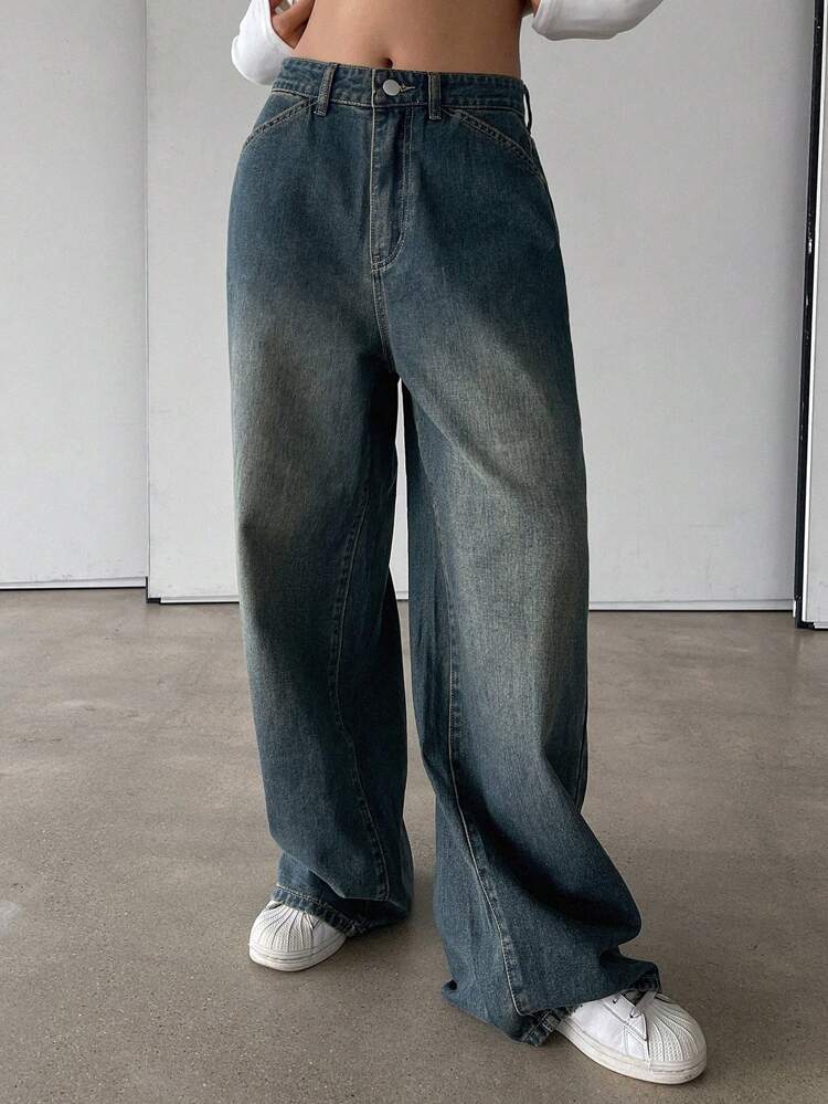 Women Casual Washed Wide Leg Baggy Jeans