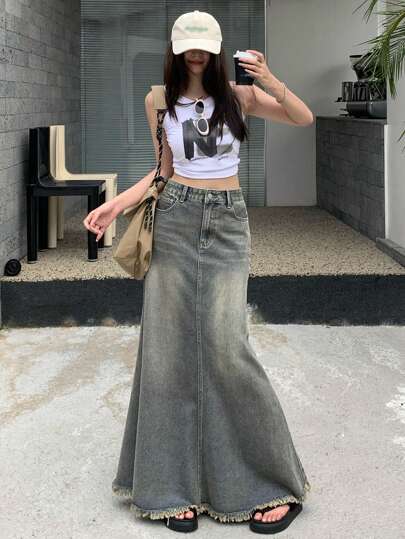 DAZY 女士纯色休闲牛仔美人鱼半身裙