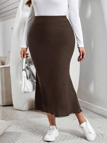 SHEIN Essnce Plus Size Summer And Autumn Casual Slim Fit Comfortable Brown Textured Fabric Elastic Waist Long Skirt,Back To School Clothes,Fall - Coffee Brown - View 4