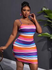 Slaydiva 大码休闲吊带彩色条纹仿坑布全印花迷你紧身连衣裙女装-H，适合夏季 - 彩色 - 查看 7