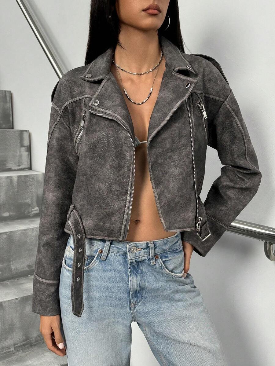 Aveloria Chaqueta corta de PU con diseño de empalme de manga con cremallera, decoración de bolsillos falsos, estilo motero, de tela lavada a la arena y de urbana