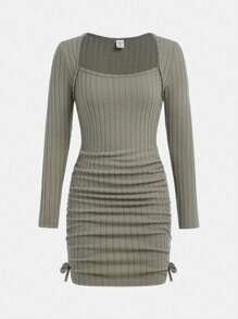 SHEIN Girlism Vestido casual de manga larga con cintura fruncida de punto acanalado verde del ejército para niñas adolescentes, principios de otoño
