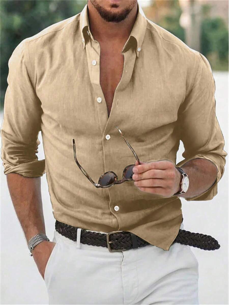 Manfinity Mode Camisa casual de manga larga de unicolor para hombres, para otoño - Camel - Ver 1