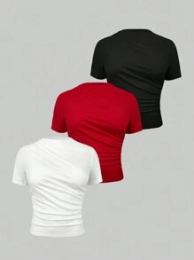 Celure Plus Size Women's Summer Pleated Solid Color Folding Collar T-Shirt - Multicolor - View 1