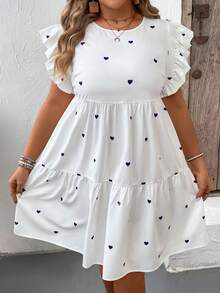 SHEIN VCAY Váy chắp vá in hình trái tim tay bồng cỡ lớn thường ngày - Màu xanh hải quân - Xem 3