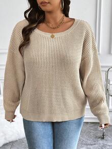 Flirla Pull en tricot texturé de couleur unie grande taille, pull automne hiver - Kaki - Voir 5