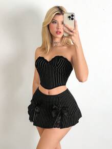 Sweetina Váy mini phối ren sọc trang trí nơ có eo cực thấp - màu đen - Xem 5