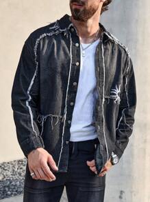 Manfinity LEGND Men Sum Embroidery Raw Trim Denim Shirt - Black - View 5