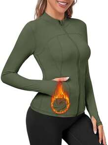 Trioutop Zipper Solid Color Sports Lightweight Track Workout Yoga Short Blazer With Pockets - Green - View 1