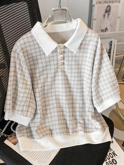 Mulvari Plus Size Women's Summer Contrast Color Collar, Grid, Metal Button Decor Short Sleeve Casual T-Shirt Graphic Tees Women Tops