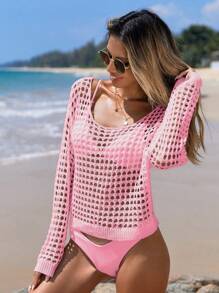 SHEIN Swim 夏季纯色镂空针织罩衫 - 粉色 - 查看 4