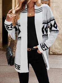 Chiquease Women Casual Geometric Pattern Cardigan, Spring Autumn - Black and White - View 1