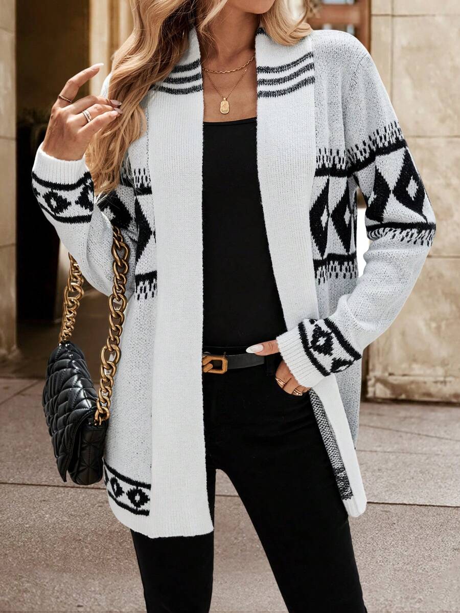 Chiquease Women Casual Geometric Pattern Cardigan, Spring Autumn - Black and White - View 1