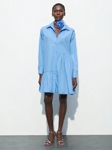 Maija 女士蓝色 3D 花卉可拆卸褶饰不对称 A 字形连衣裙 - 藍色 - 查看 2