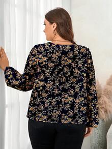 SHEIN Clasi Blusa verde de manga farol con cuello de ojo de cerradura para tallas grandes - Negro - Ver 2