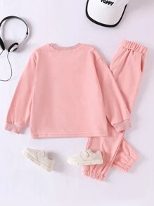 SHEIN 2pcs Set Girls Cute 3D Letter Bear Print Sweatshirt And Pants Children Casual Sports Outfit, Young Girl Fashion Tracksuit For Fall Winter - Pink - View 2