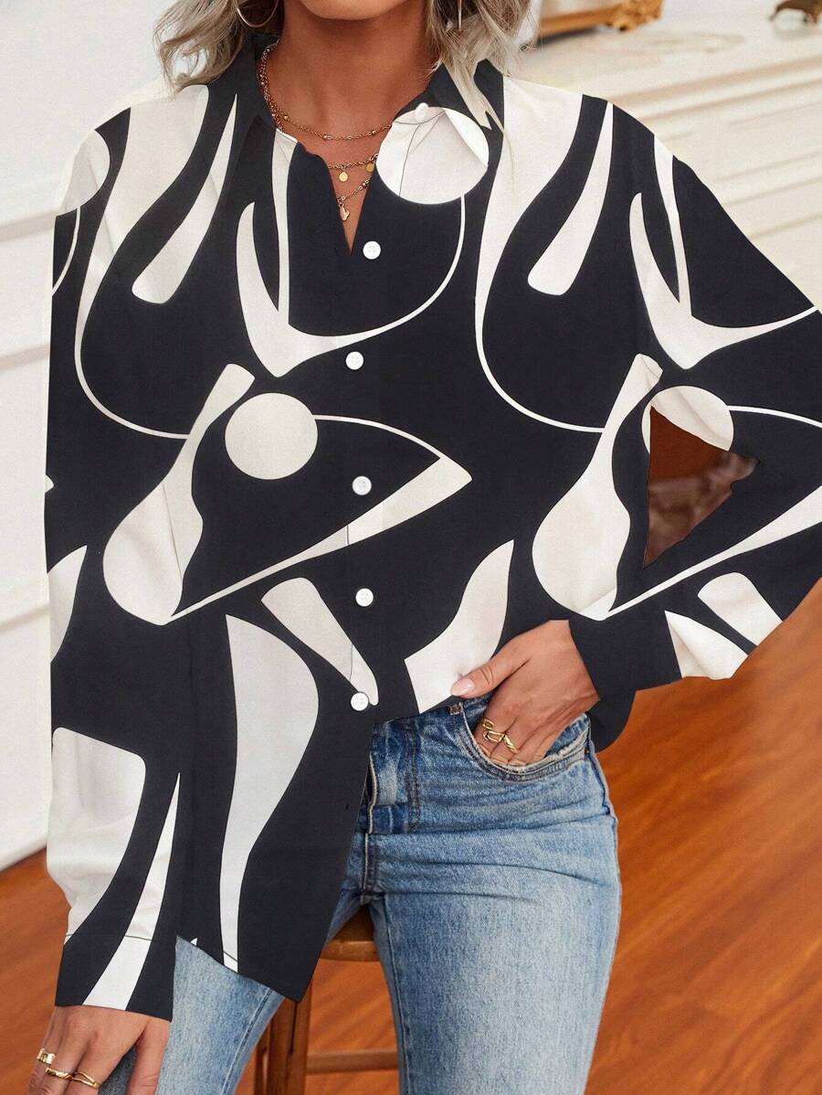 SHEIN LUNE Heart Pattern Polo Collar Long Sleeve Casual Shirt - Black and White - View 1