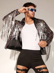 FeverCity 男士时尚网眼面料刺绣串珠流苏边立领派对长袖夹克，春季和秋季，男友礼物 - 彩色 - 查看 1