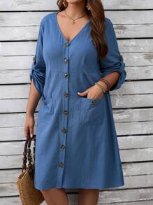 EMERY ROSE Plus Size Women's Solid Color Minimalist V-Neck Button Down Long Sleeve Midi Dress - Dusty Blue - View 2