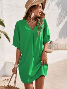 SHEIN LUNE 女士V領純色休閒沙灘度假春夏裙 - 綠色 - 查看 5