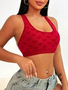 Women's Simple Heart Print Seamless Criss-Cross Bra - Burgundy - View 4