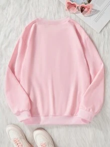 女孩可爱粉色字母印花圆领长袖运动衫，秋冬 - 粉色 - 查看 2