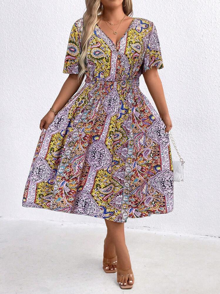 SHEIN Clasi Vestido casual sencillo de manga corta con cuello en V y estampado floral para mujer de talla grande - Naranja - Añade 4