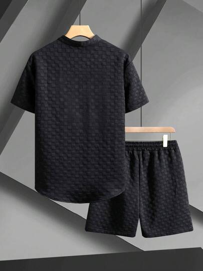 Manfinity Homme 男士休闲纯色纹理短袖衬衫和短裤套装，夏季舒适服装