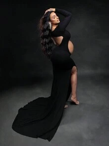 Vestido largo de manga larga para maternidad con espalda descubierta y abertura lateral, para sesión de fotos o baby shower - Negro - Ver 2