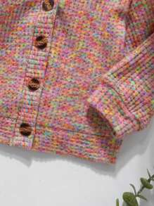 SHEIN Baby Girls' Thick Knitted Colorful Waffle-Patterned Cardigan For Fall & Winter - Multicolor - View 3
