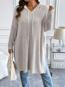 Calvaya Plus Size Solid Color Side Slit Long Length Hooded Knit Sweater Knit Pullover Fall Winter Outfit