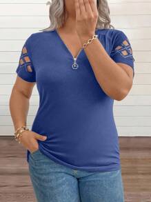 SHEIN LUNE Plus Size Solid Deep V-Neck Hollow Summer Casual T-Shirt - Blue - View 1